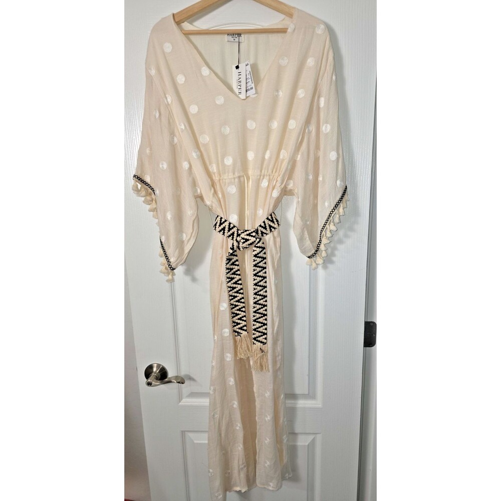NWT Harper New York Maxi Dress Womens Med Polkadot Fringe Sheer Boho Chic Beachy